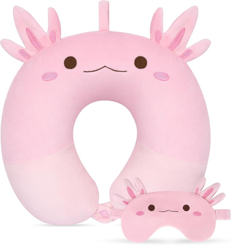 JEROKUMI Kids Travel Pillow, Kid Neck Pillows with Eye Mask Cute Axolotl U Shaped Neck Pillow, Neck Support Travel Pillow for Road Trip, Airplane, Travel Pillow for Kids & Adults - Image 1